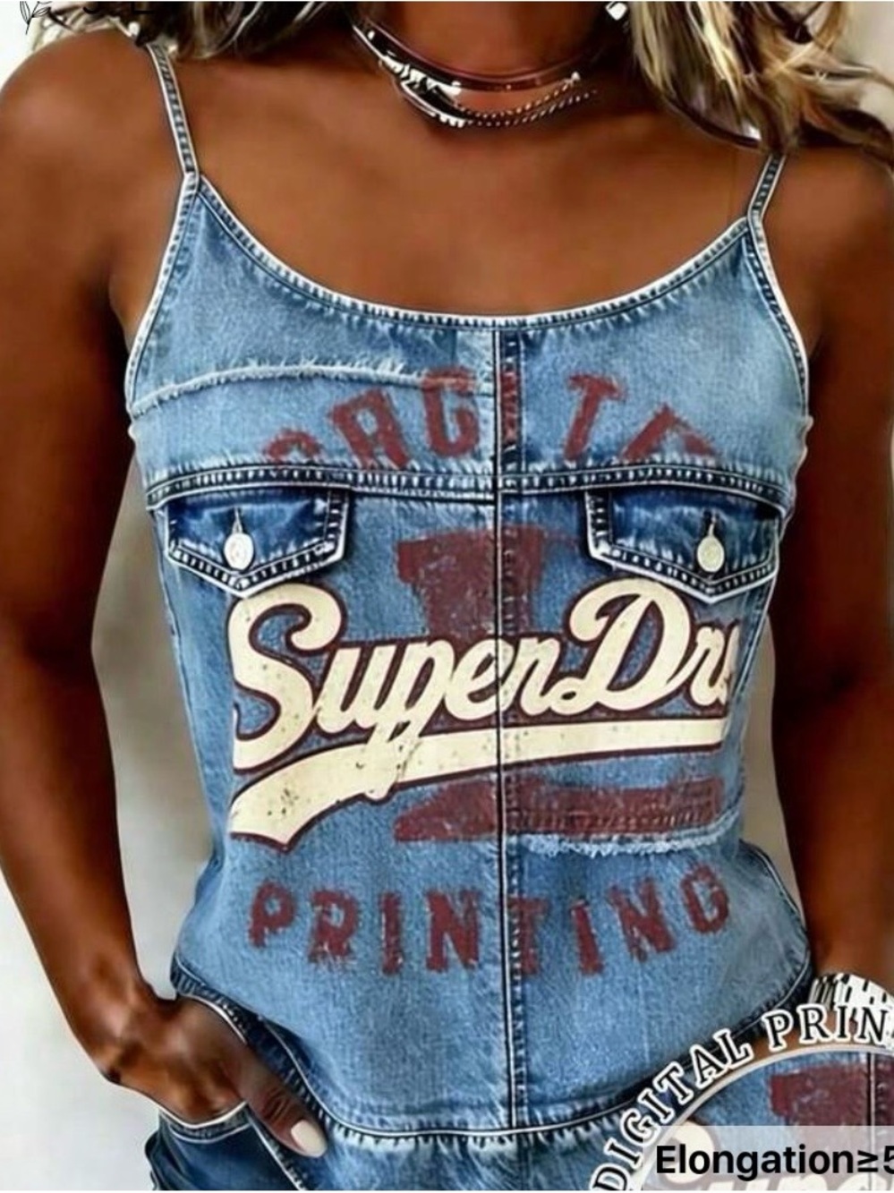 SHEIN Blue Denim Graphic Crop Top with Cream & Red Print
